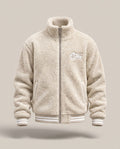 Gilet SAW – Beige – front – Beige sherpa fleece jacket, zipped front, high collar, white chest logo