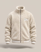 Gilet SAW – Beige – front – Beige sherpa fleece jacket, zipped front, high collar, white chest logo