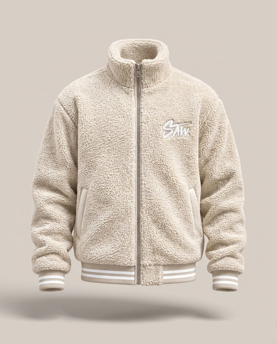 Gilet SAW – Beige – front – Beige sherpa fleece jacket, zipped front, high collar, white chest logo