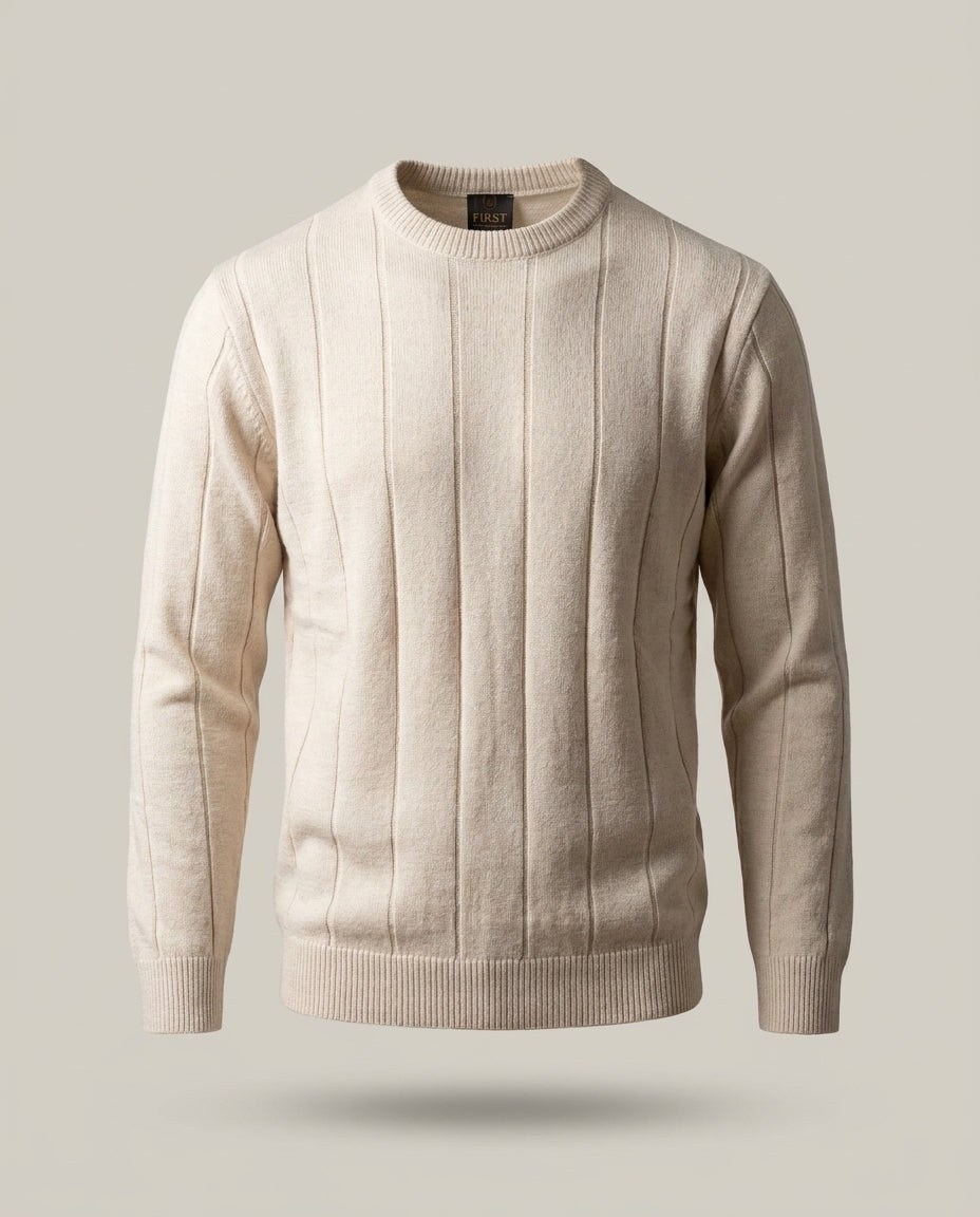 Trico Stripe Long – Beige – front – beige long sleeve crewneck sweater with vertical textured stripe design