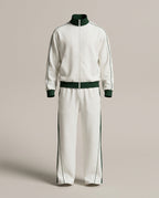 Tracksuit Set – Ivory – Blanc – front – front view of full ivory tracksuit set with green accent details