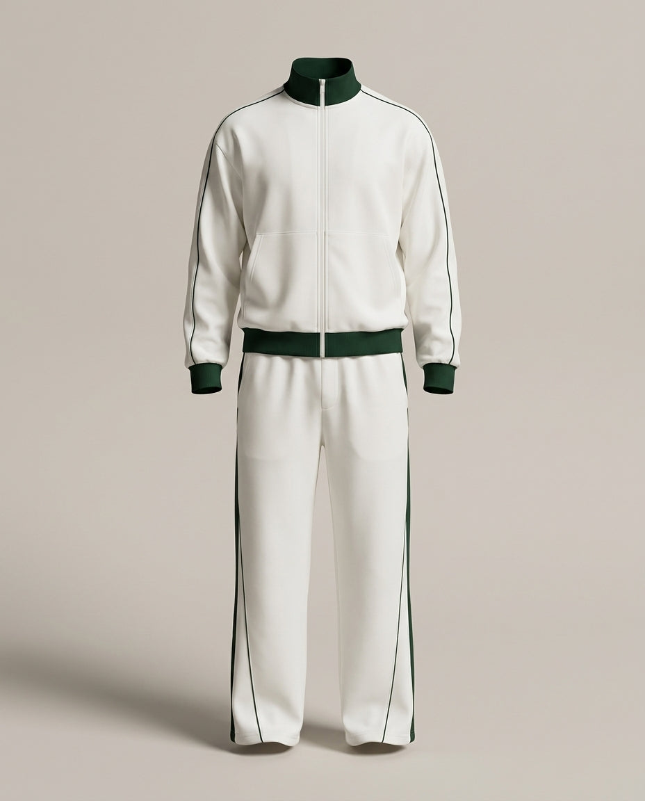 Tracksuit Set – Ivory – Blanc – front – front view of full ivory tracksuit set with green accent details