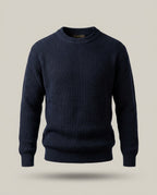 Trico Élégance – Marine – front – Long sleeves, ribbed crew collar, ribbed cuffs and hem, thick ribbed texture