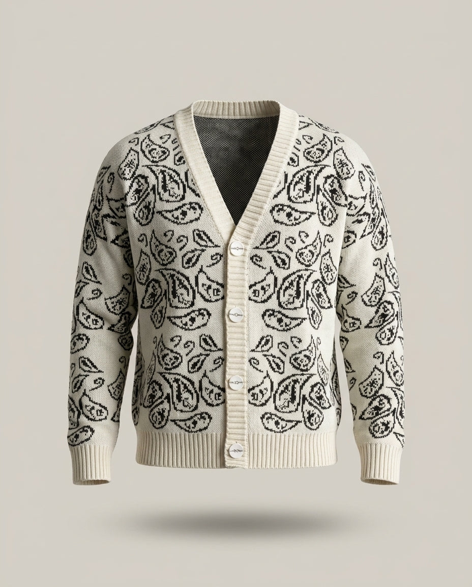 Gilet Triko Paisley – Blanc – front – V-neck knit cardigan with front button closure, black paisley motif throughout, ribbed V-neckline bo