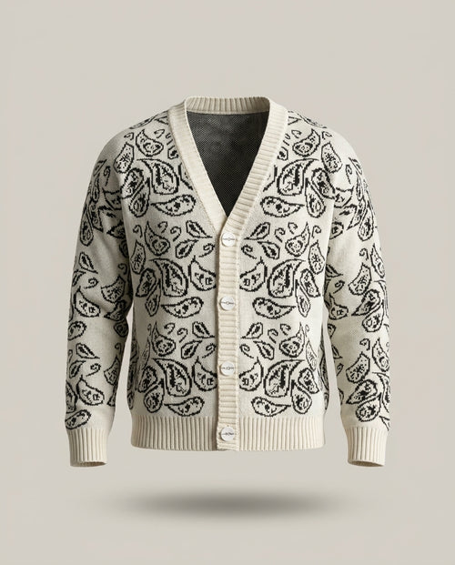 Gilet Triko Paisley – Blanc – front – V-neck knit cardigan with front button closure, black paisley motif throughout, ribbed V-neckline bo