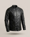 Chemise Skaï – Noir – front – black leather jacket, mandarin collar, snap buttons, two front patch pockets