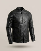 Chemise Skaï – Noir – front – black leather jacket, mandarin collar, snap buttons, two front patch pockets