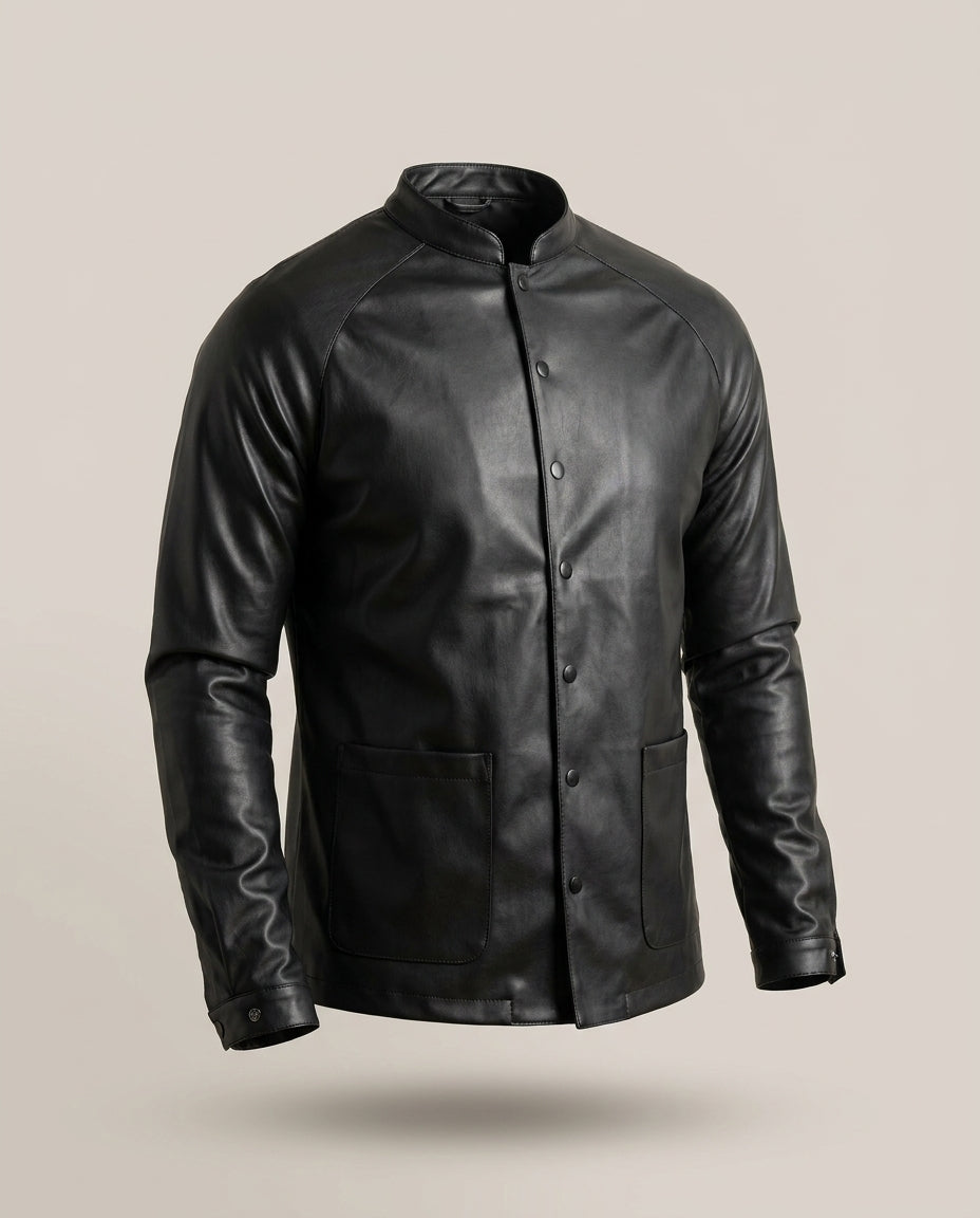 Chemise Skaï – Noir – front – black leather jacket, mandarin collar, snap buttons, two front patch pockets