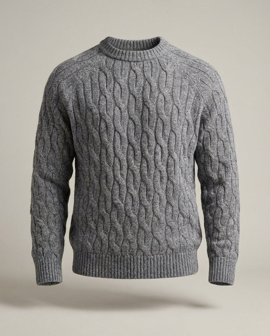 Tricot Maille Torsadée – Gris – front – Cable-knit crewneck sweater with raglan long sleeves, thick ribbed round neckline, wide ribbed cuffs