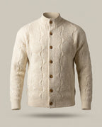 Gilet Royal – Blanc – front – fully buttoned off-white ribbed cable knit cardigan with high collar