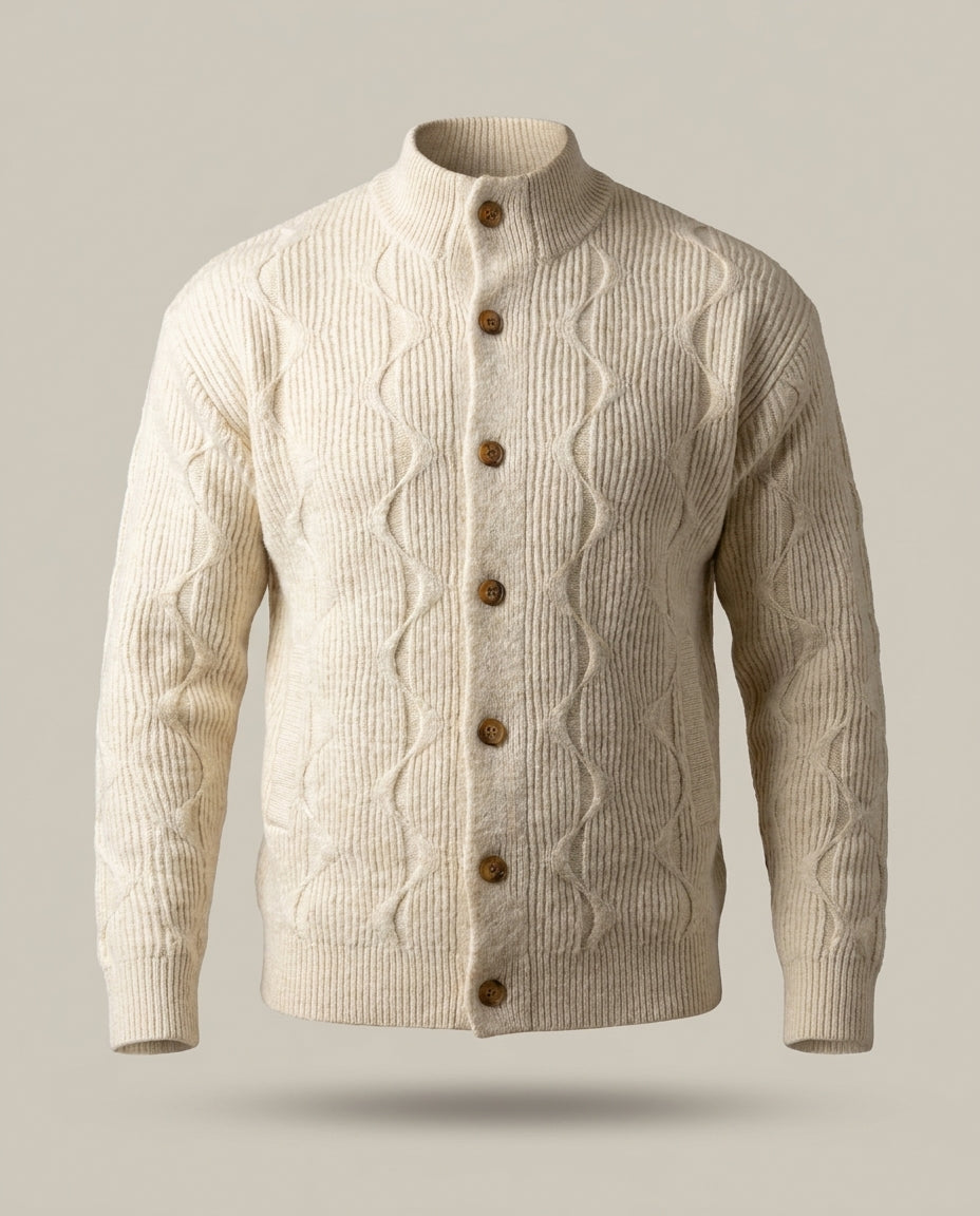 Gilet Royal – Blanc – front – fully buttoned off-white ribbed cable knit cardigan with high collar