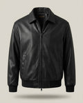 Veste Skaï Bomber – Noir – front – Black faux-leather jacket featuring a classic pointed collar, full front dual-zipper closure, two si
