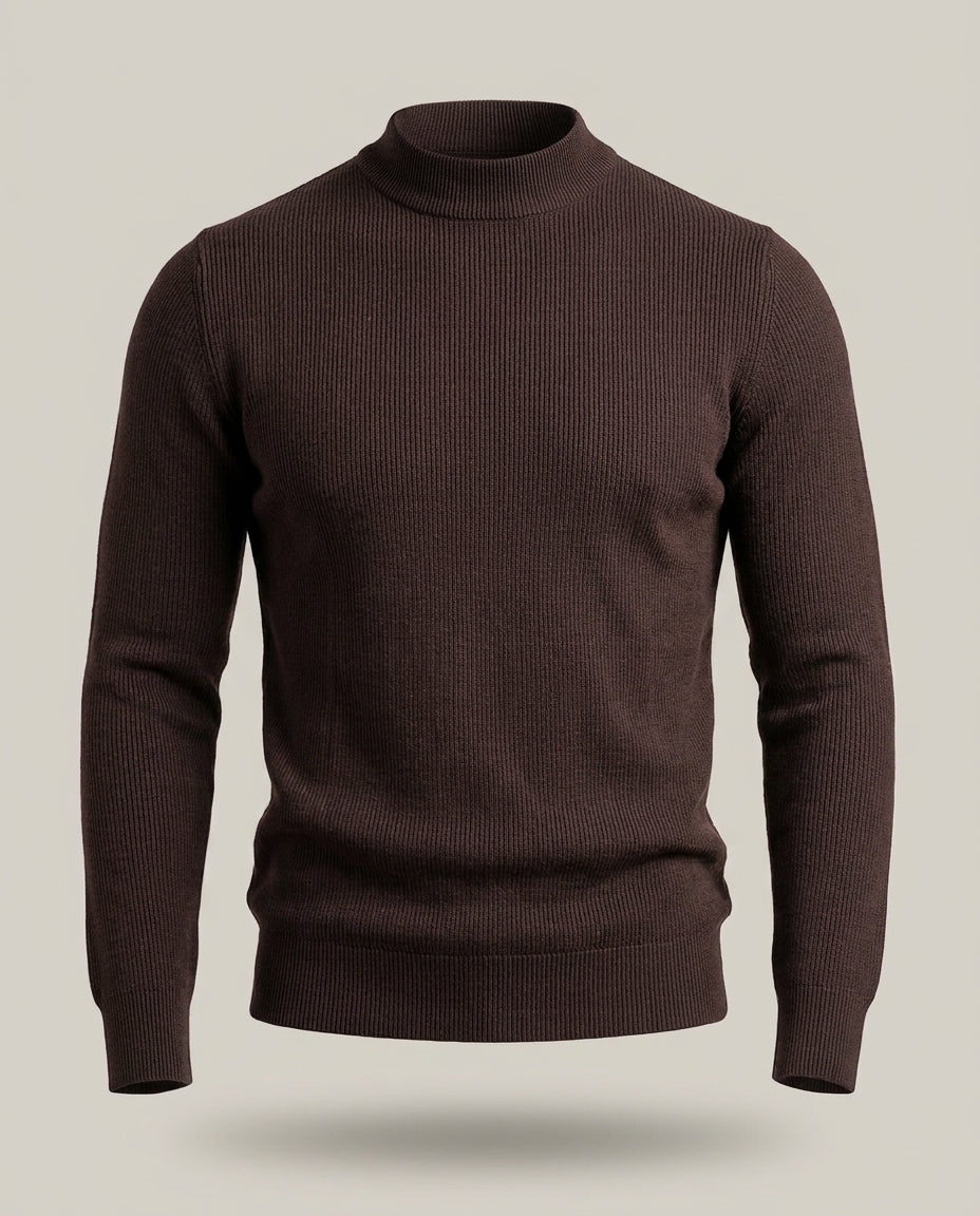 Trico Col Montant – Marron – front – Mock-neck fitted knit sweater with long sleeves