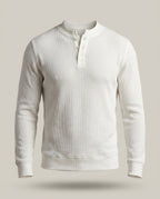 Pull Gauffré Lin Long – Blanc – front – long sleeves, henley collar with buttons, waffle texture, ribbed hem
