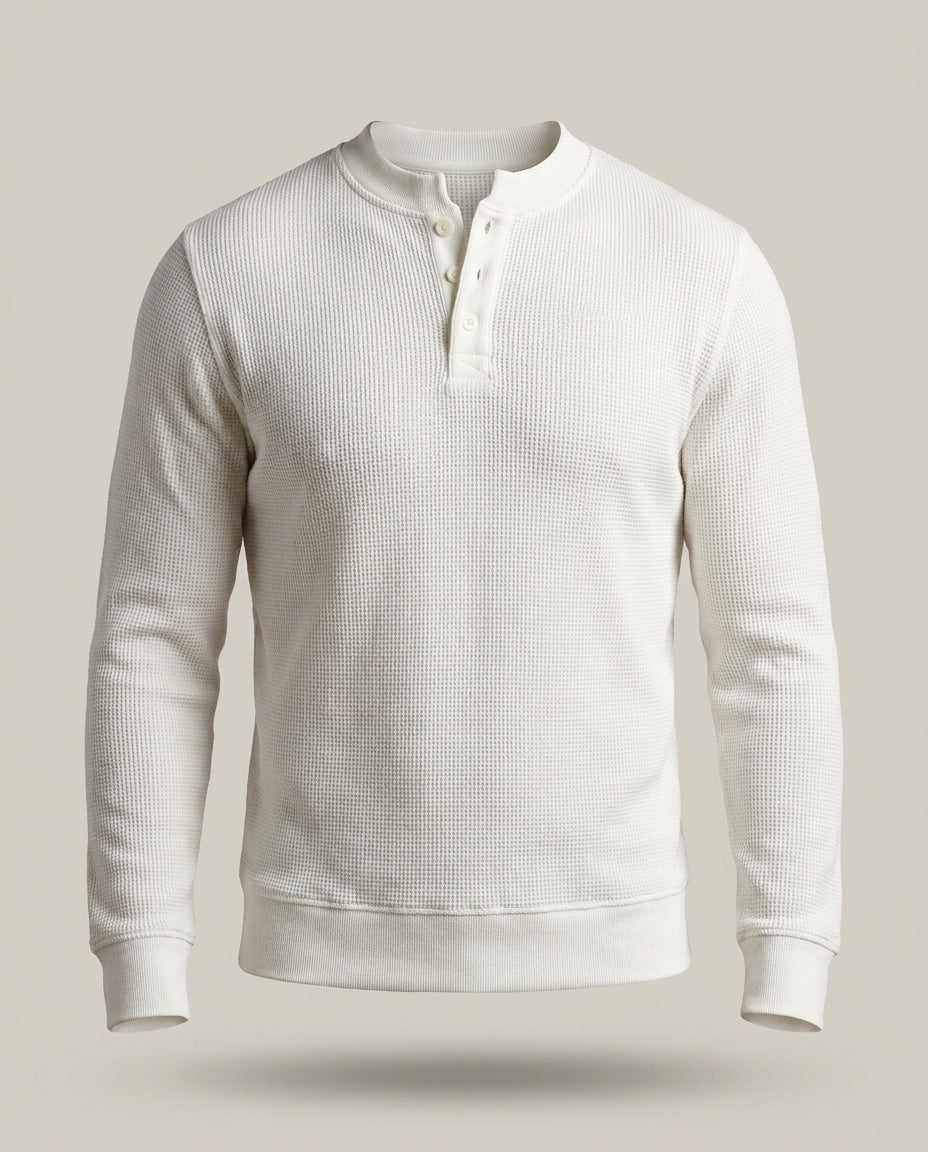 Pull Gauffré Lin Long – Blanc – front – long sleeves, henley collar with buttons, waffle texture, ribbed hem