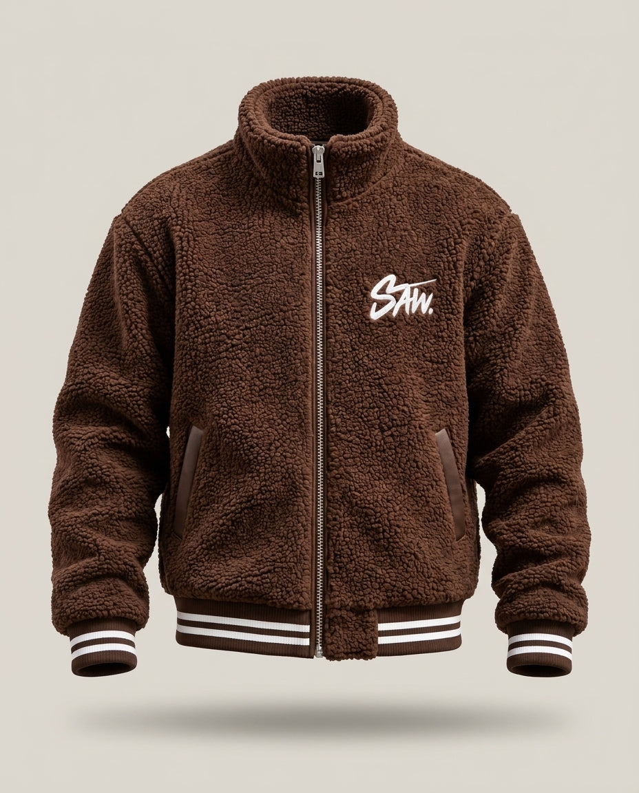 Gilet SAW – Marron – front – Brown fleece jacket, full zip closure, high collar, side welt pockets