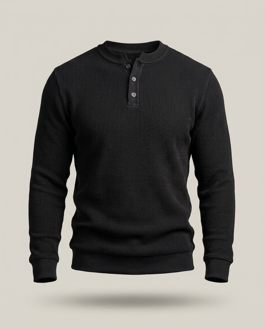 Pull Gauffré Lin Long – Noir – front – long sleeves, henley collar with buttons, waffle texture, ribbed hem