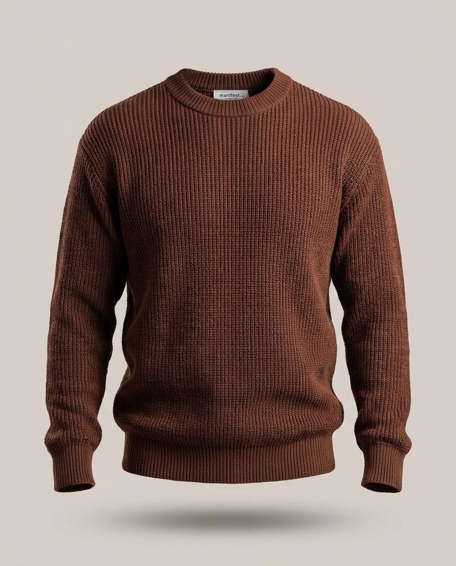 Trico Élégance – Marron – front – Long sleeves, ribbed crew collar, ribbed cuffs and hem, thick ribbed texture