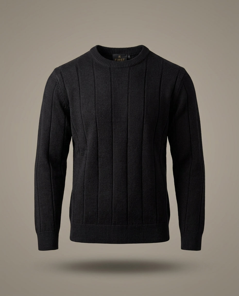 Trico Stripe Long – Noir – front – black crewneck sweater with subtle vertical rib knit paneling