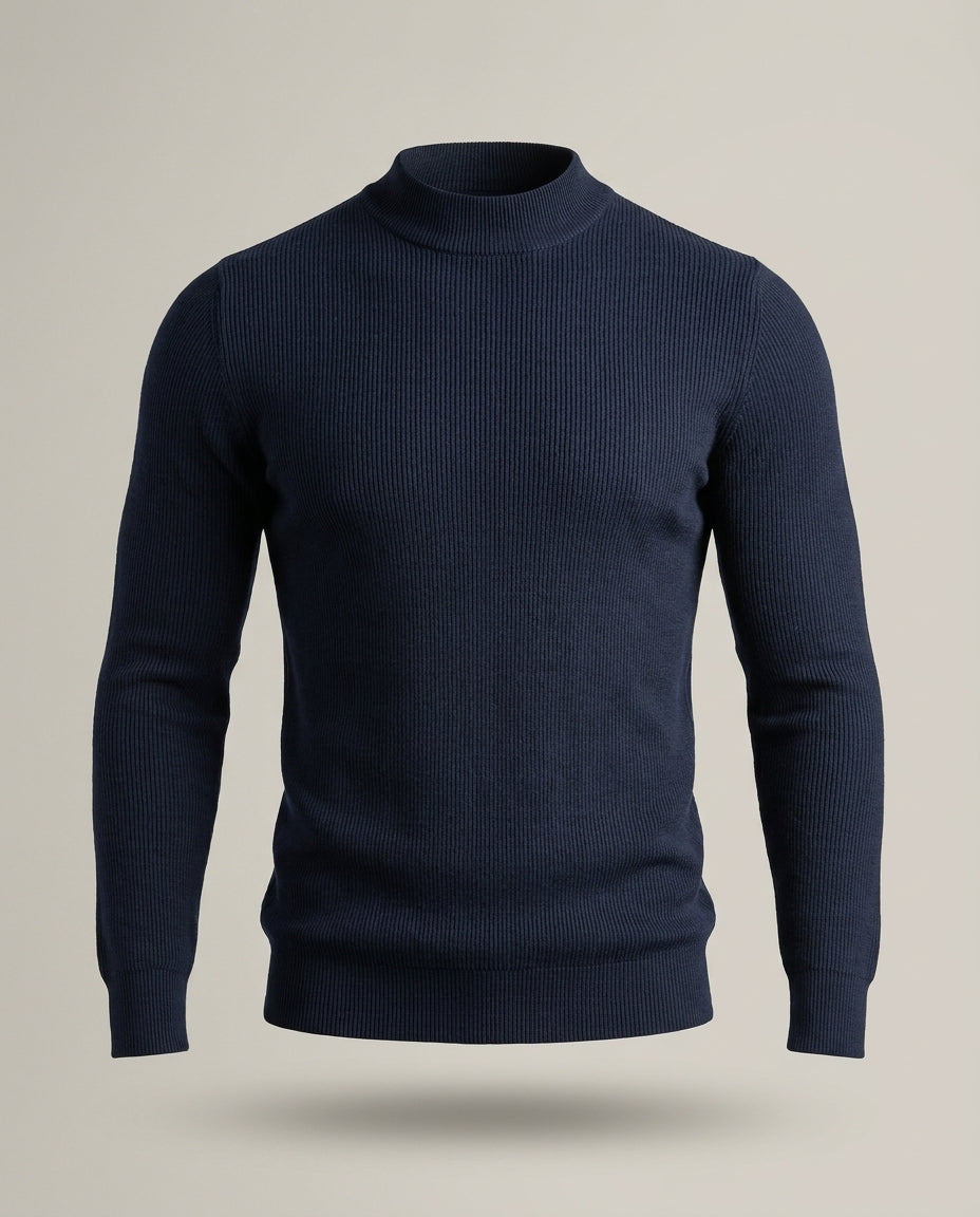 Trico Col Montant – Marine – front – Mock-neck fitted knit sweater with long sleeves