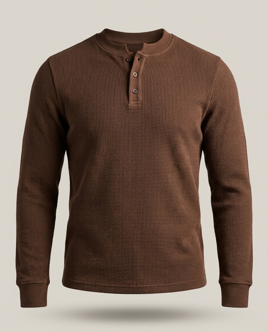 Pull Gauffré Lin Long – Marron – front – long sleeves, henley collar with buttons, waffle texture