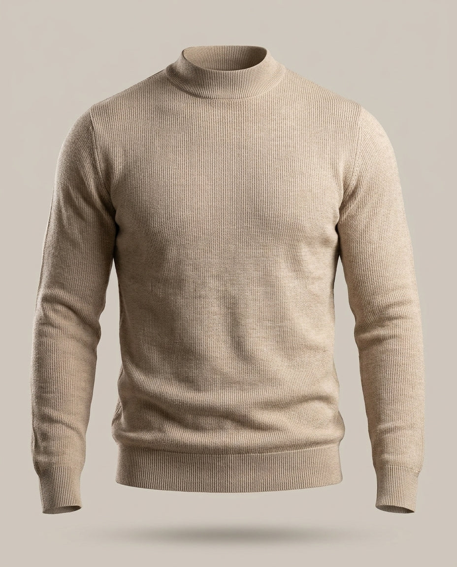 Trico Col Montant – Beige – front – Mock-neck fitted knit sweater with long sleeves