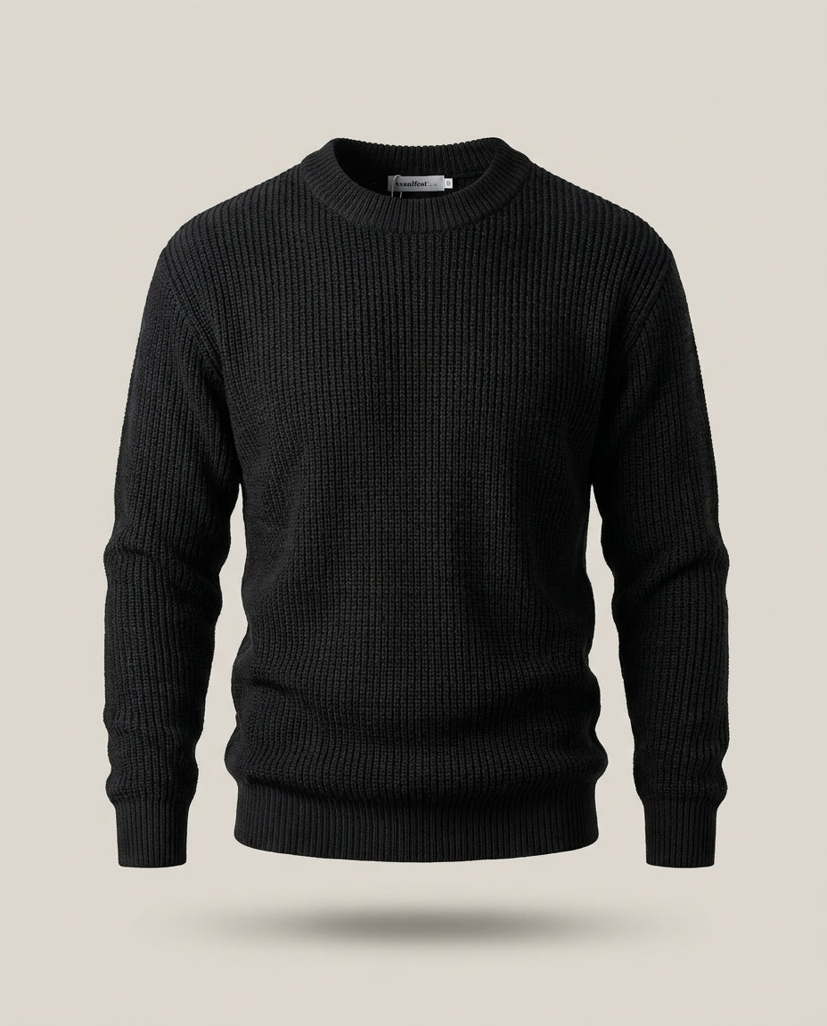 Trico Élégance – Noir – front – Long sleeves, ribbed crew collar, ribbed cuffs and hem, thick ribbed texture