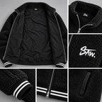 Gilet SAW – Noir – detail – Collage showing open interior lining, brand label, chest embroidery, ribbed cuff, zip