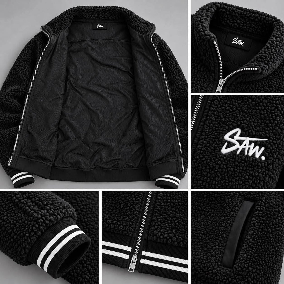Gilet SAW – Noir – detail – Collage showing open interior lining, brand label, chest embroidery, ribbed cuff, zip