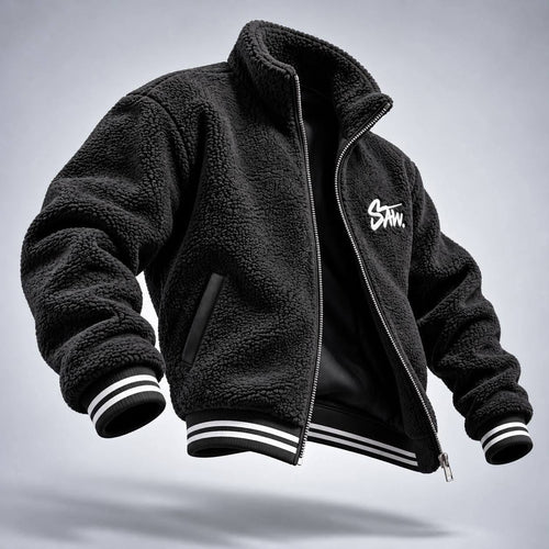 Gilet SAW – Noir – side – Black fleece jacket, open front zipper, white chest logo, striped ribbed cuffs