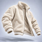 Gilet SAW – Beige – side – Beige fleece jacket, open front zipper, white chest logo, striped ribbed trim
