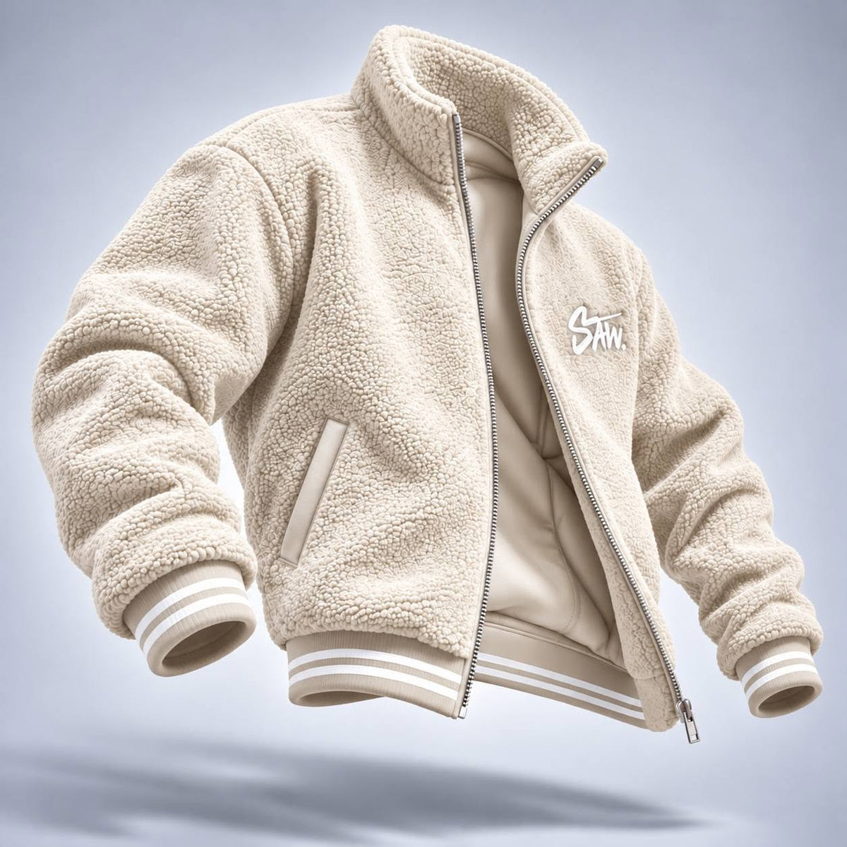 Gilet SAW – Beige – side – Beige fleece jacket, open front zipper, white chest logo, striped ribbed trim