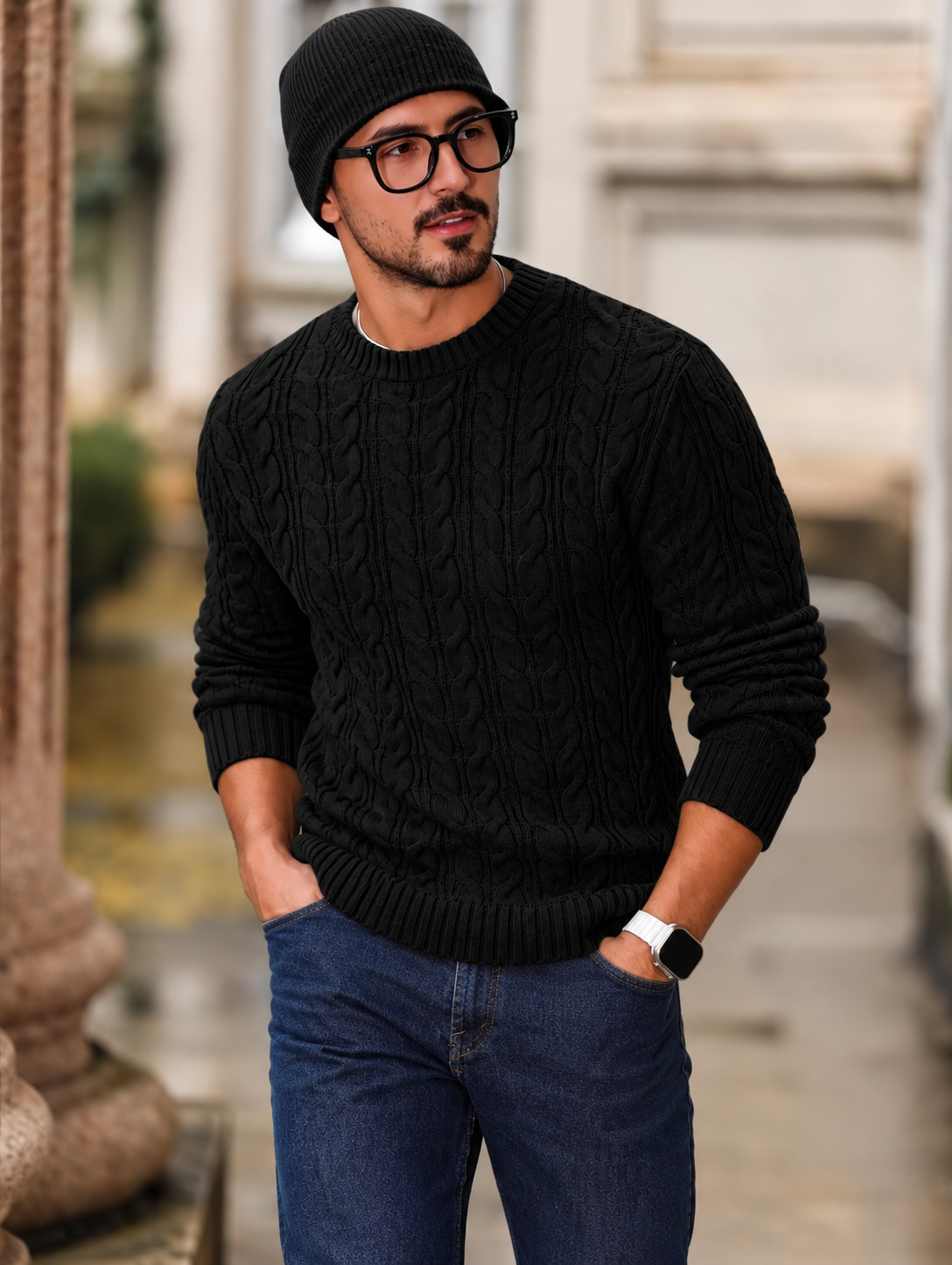 Tricot Maille Torsadée – Noir – worn – black crew neck cable knit sweater, ribbed collar, cuffs, hem