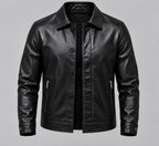 Street Style Leather Jacket – Noir – front – front view, black leather jacket, button closure, zip pockets