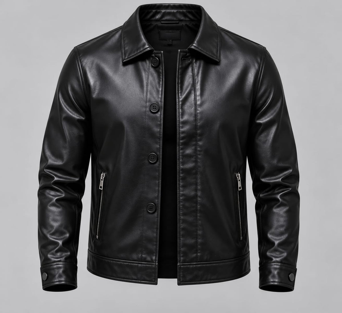 Street Style Leather Jacket – Noir – front – front view, black leather jacket, button closure, zip pockets