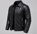 Street Style Leather Jacket – Noir – front – black leather jacket, shirt collar, button front, side zip pockets