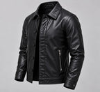 Street Style Leather Jacket – Noir – front – black leather jacket, shirt collar, button front, side zip pockets