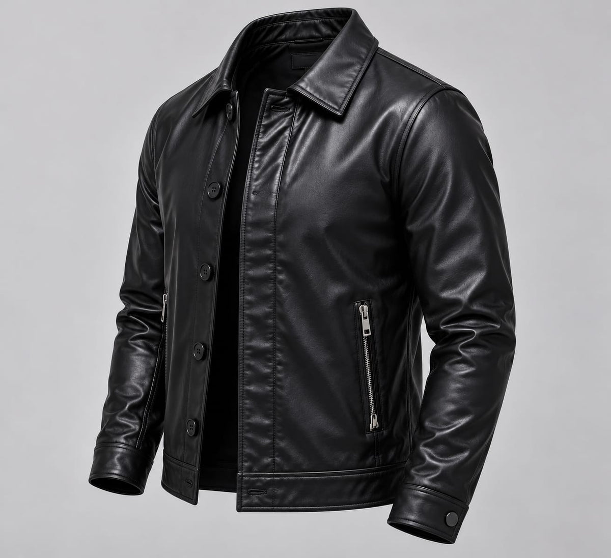 Street Style Leather Jacket – Noir – front – black leather jacket, shirt collar, button front, side zip pockets