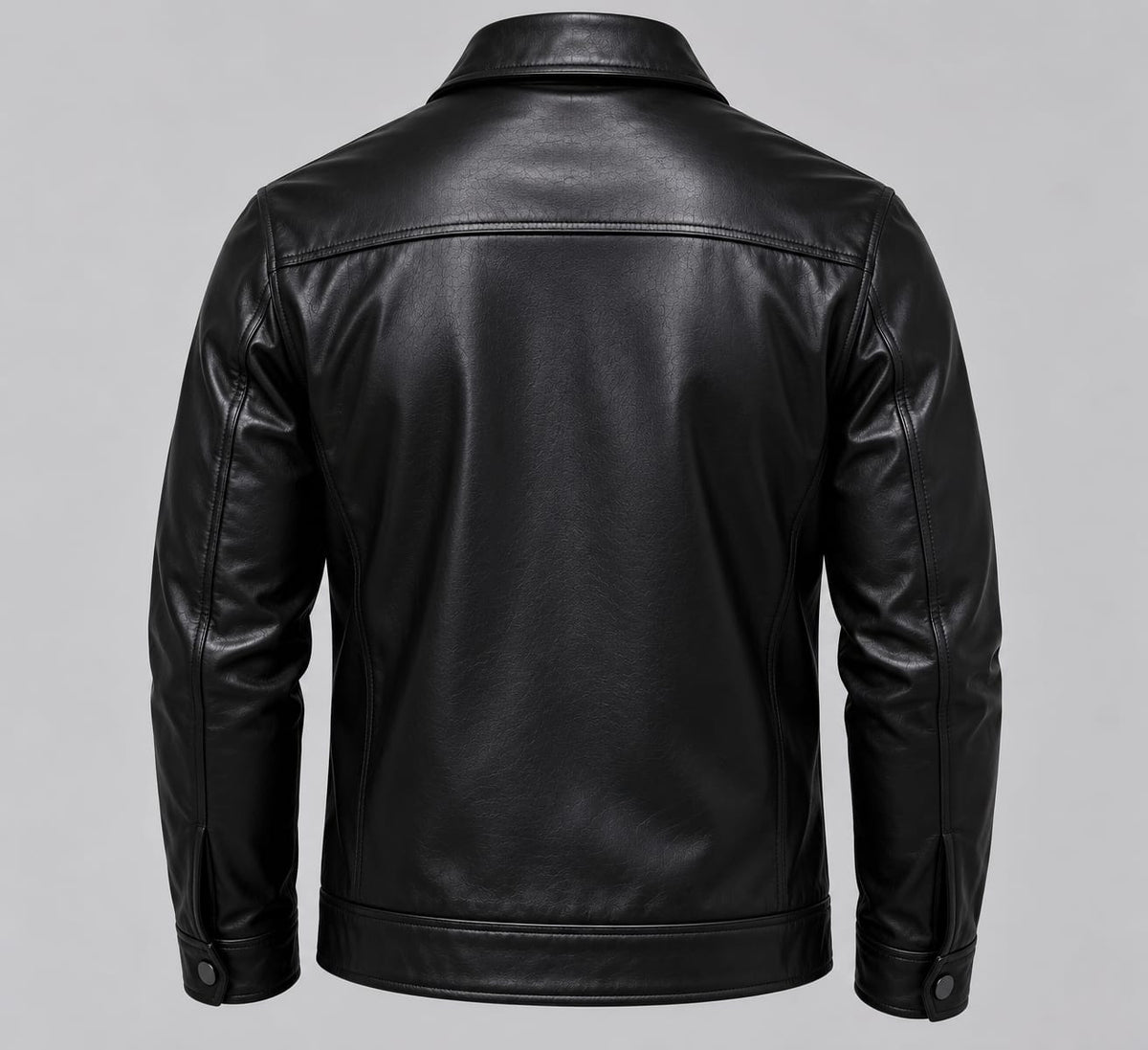 Street Style Leather Jacket – Noir – back – black leather jacket back view, horizontal yoke, plain hem