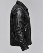 Street Style Leather Jacket – Noir – side – side profile, long sleeves, snap cuffs, vertical zip pocket