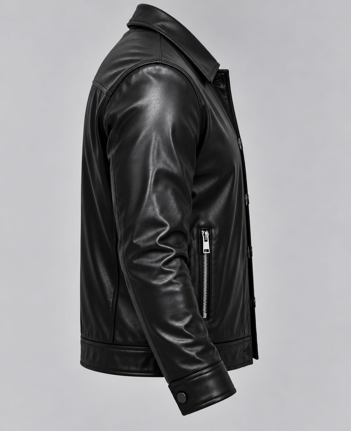 Street Style Leather Jacket – Noir – side – side profile, long sleeves, snap cuffs, vertical zip pocket