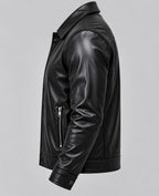 Street Style Leather Jacket – Noir – side – side profile view showing sleeve texture and zip pocket detail