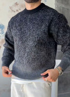 Pull Maille Dégradé – Gris – worn – Dark gray gradient speckled knit sweater, long sleeves, ribbed crewneck