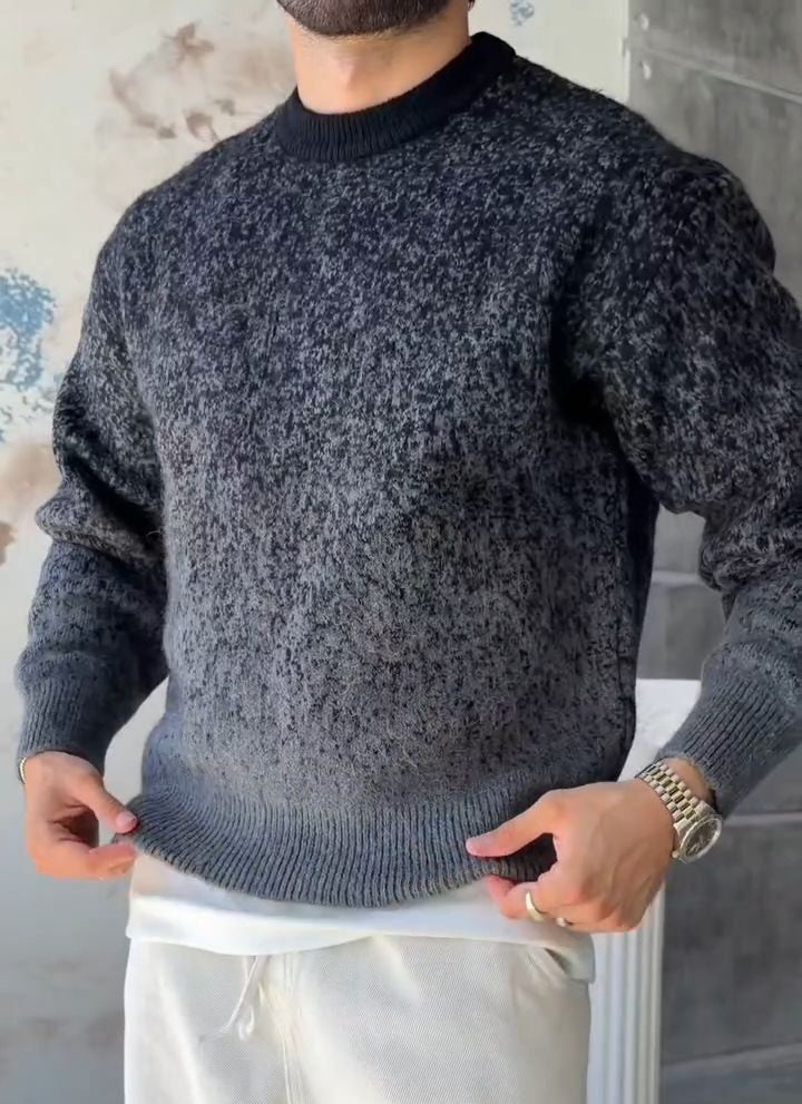 Pull Maille Dégradé – Gris – worn – Dark gray gradient speckled knit sweater, long sleeves, ribbed crewneck