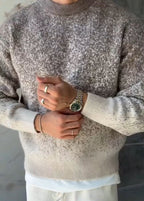 Pull Maille Dégradé – Beige – worn – Beige gradient speckled knit sweater, long sleeves, ribbed crewneck