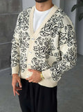 Gilet Triko Paisley – Beige – worn – front view on model wearing beige paisley cardigan and white t-shirt