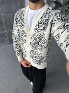 Gilet Triko Paisley – Beige – worn – three-quarter front view of model wearing beige paisley cardigan sweater