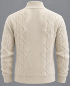 Gilet Royal – Blanc – back – back view showing ribbed and wavy cable knit patterns, ribbed hem