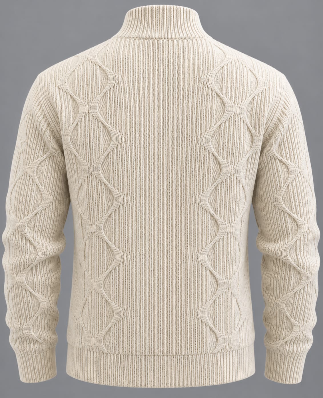 Gilet Royal – Blanc – back – back view showing ribbed and wavy cable knit patterns, ribbed hem