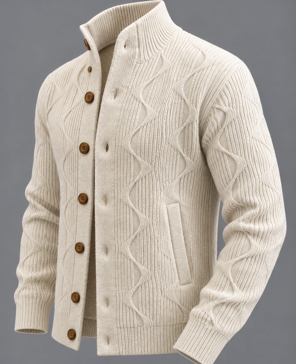 Gilet Royal – Blanc – front – off-white cable knit cardigan with high collar, wooden buttons, side pocket